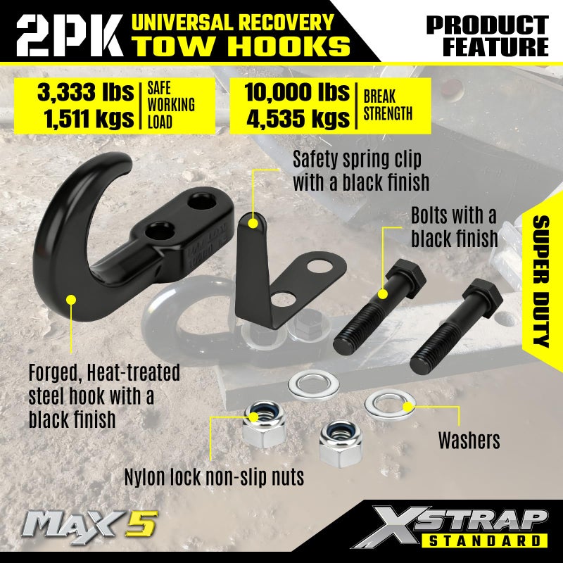 XSTRAP STANDARD 2PK Universal Recovery Tow Hooks 10000LBS Black Forged Tow Hooks Compatible with Jeep Ford Dodge Chevy Chevrolet GMC Toyota Pickup Truck - Image 4